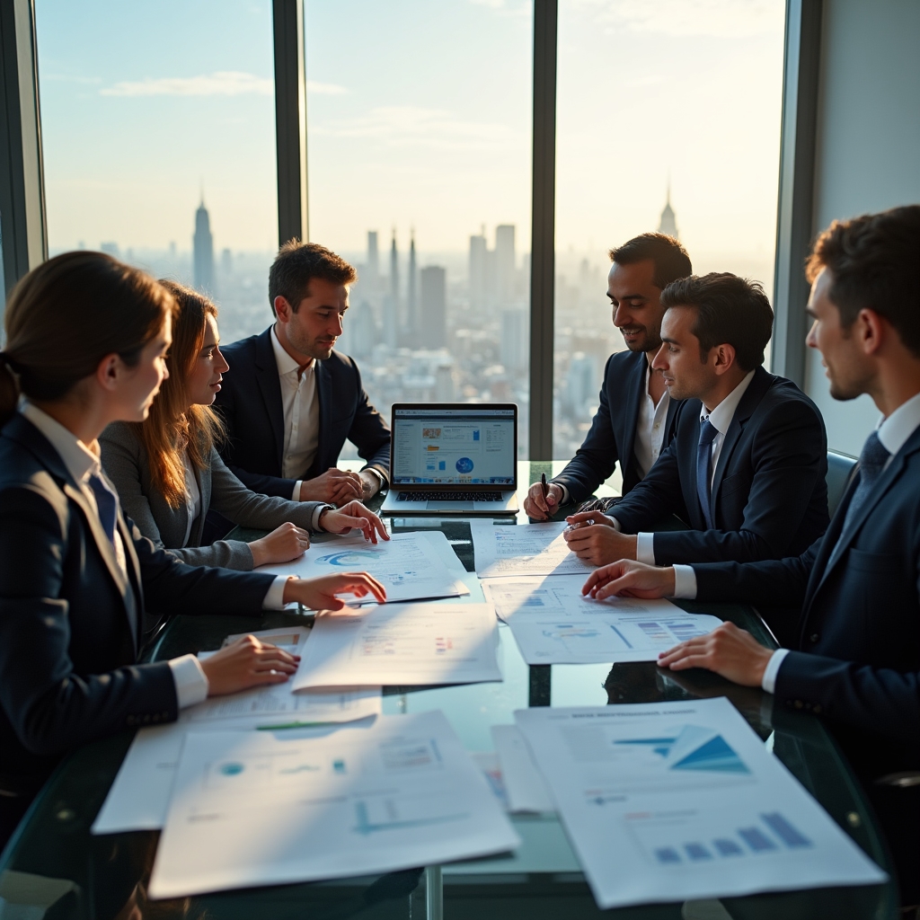 Compliance team reviewing regulatory documentation in modern office