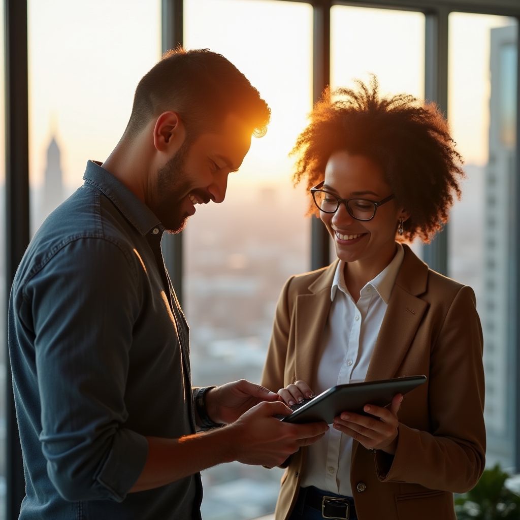 Customer success team lead speaking with colleague in collaborative office setting
