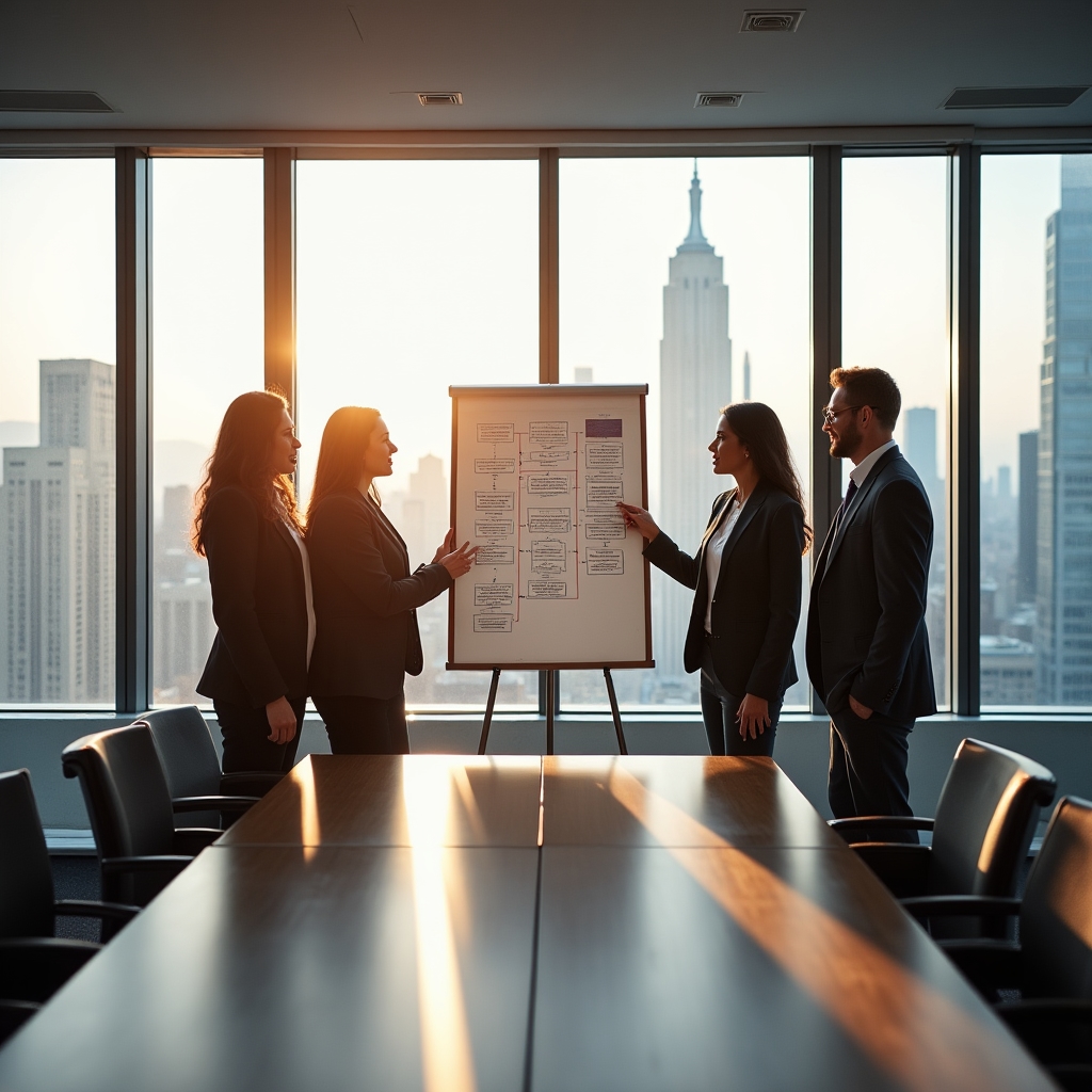 Diverse Coinastra team collaborating on platform strategy in modern high-rise office